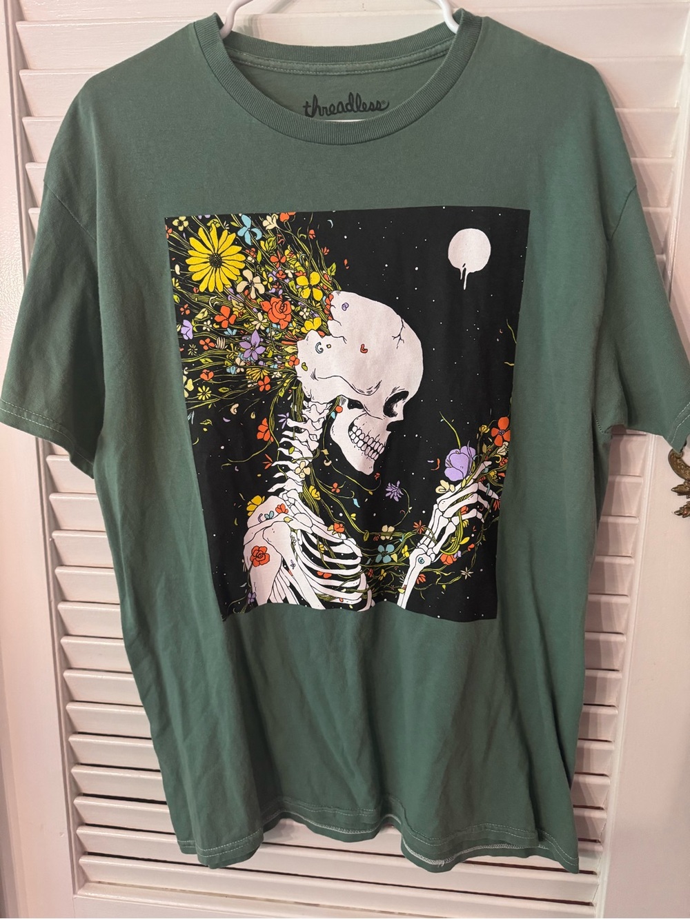 Threadless Sage Green Tee with Multicolor Graphic Trim